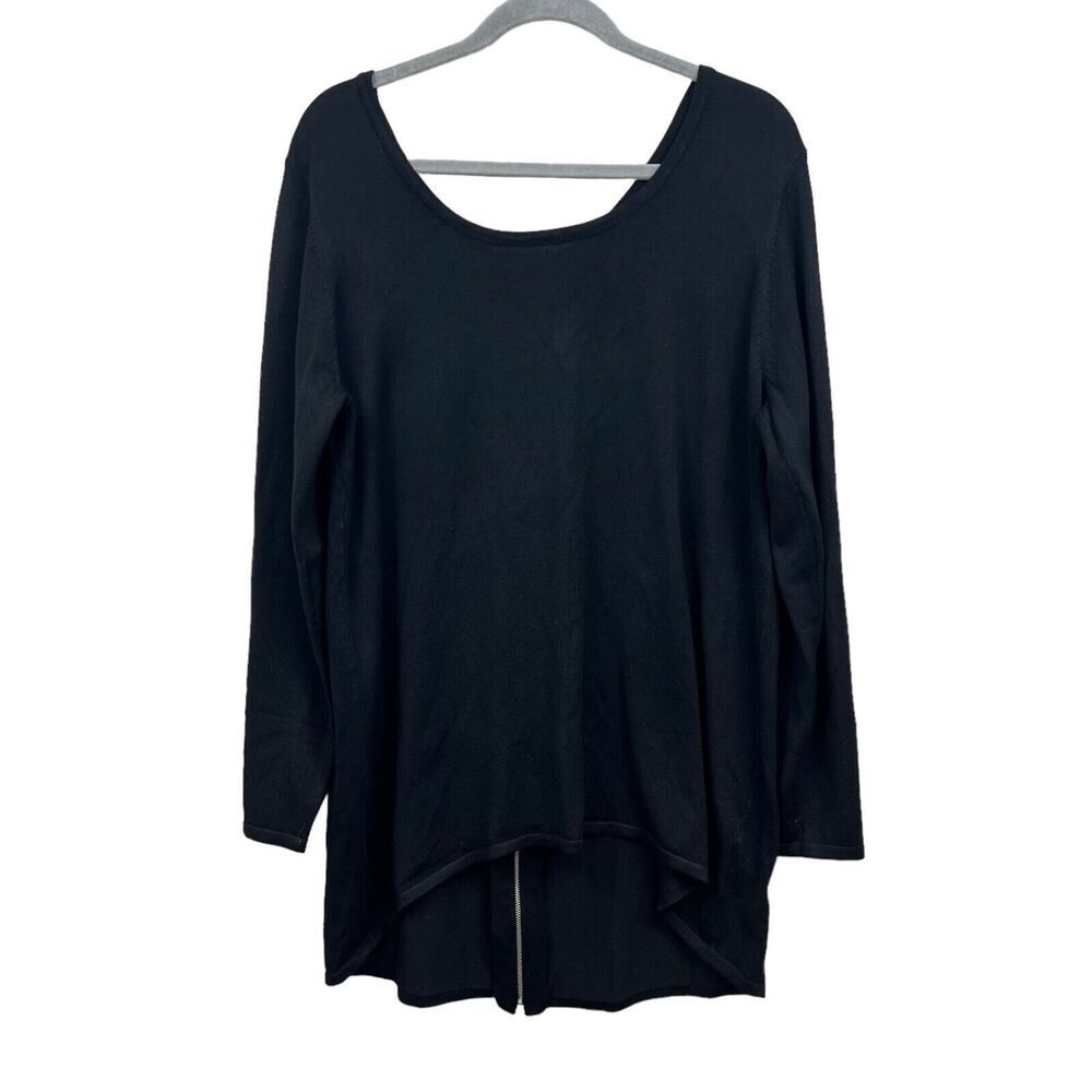 Ophelia Roe Womens Sweater Stretch Back V Neck Hi Low Hem Zipper Accent Black L*